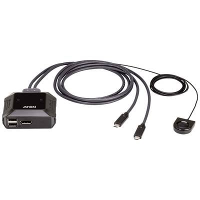 Ein KVM-Switch mit zwei USB-C-Anschlüssen, einem HDMI-Anschluss und einem runden Schalter zur Steuerung des Bildschirms.