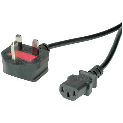 Schwarzes Netzkabel mit britischem 3-poligem Stecker und IEC-C13-Buchse. Geeignet für den Anschluss von Geräten an Stromquellen.