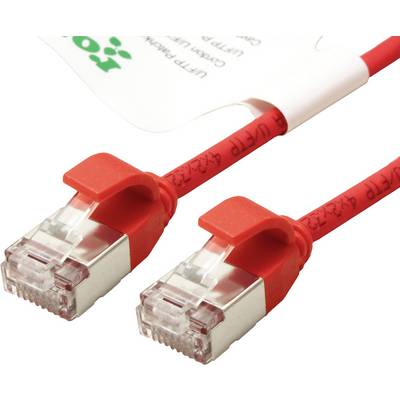 Zwei rote Netzwerkkabel mit RJ45-Steckern an ihren Enden. Die Kabel sind nebeneinander angeordnet und haben rote Kunststoffclips.