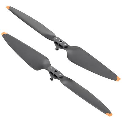 Zwei schwarze Drohnenpropeller mit orangefarbenen Spitzen auf weißem Hintergrund.