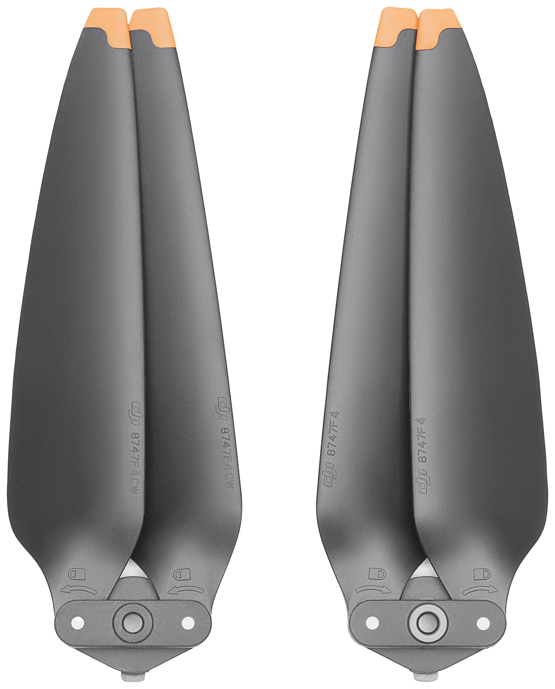 Zwei gefaltete Drohnenpropeller in Grau mit orangefarbenen Spitzen. Sie sind nebeneinander ausgerichtet, mit Markierungen auf den Blättern.