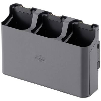 'Drei-Slot-Batterieladegerät für DJI-Drohnen-Akkus, mit kompaktem, schwarzem Design und seitlichem Ladeanschluss.'