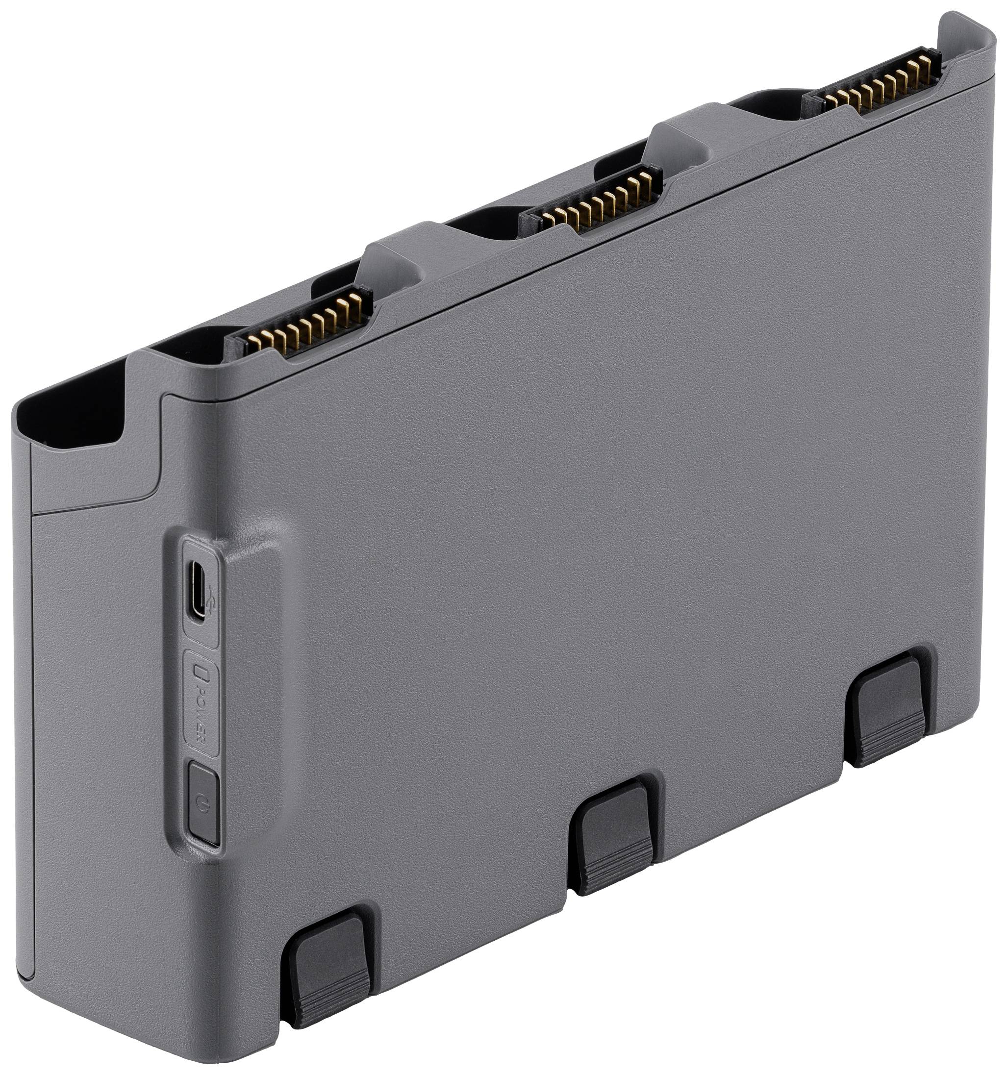 Graues, rechteckiges technisches Gerät mit Steckplätzen und Anschlüssen auf der Ober- und Rückseite.