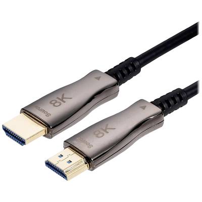 Zwei 8K-HDMI-Kabelstecker aus Metall, verbunden mit schwarzen Kabeln, liegen nebeneinander. Sie sind für hochauflösende Videoübertragung geeignet.