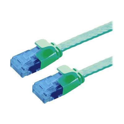 Zwei blau-grüne Netzwerkkabelstecker mit transparentem Gehäuse, symbolisieren Netzwerkverbindung oder Datenkommunikation.