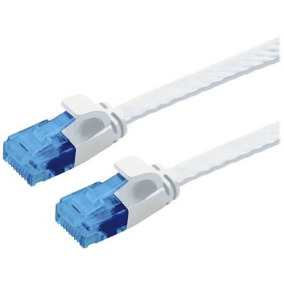 Zwei weiße Netzwerkkabel mit blauen Steckern, die zur Datenübertragung in Computernetzwerken verwendet werden.