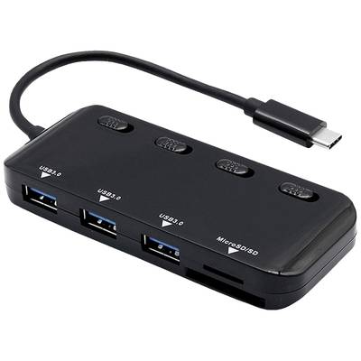 USB-Hub mit vier USB-3.0-Anschlüssen und einem MicroSD/SD-Kartenleser, verbunden über USB-C-Kabel. Schwarzes Gehäuse.