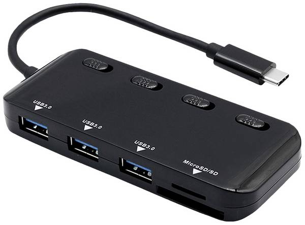 ROLINE USB 3.2 Gen 1 Hub, 3fach, Typ C Anschlusskabel, mit CardReader, Ports einzeln schaltbar