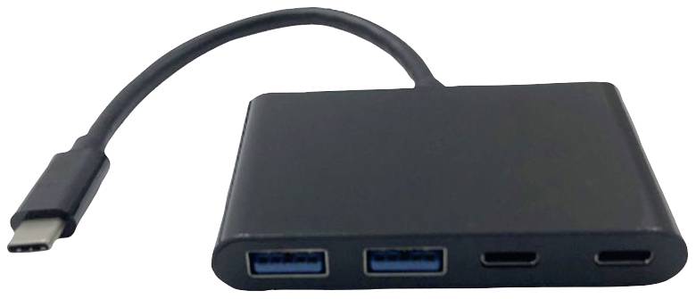 Ein schwarzer USB-C-Hub mit zwei USB-A- und zwei USB-C-Anschlüssen, verbunden über ein kurzes Kabel.