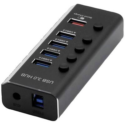 Schwarzer USB 3.0 Hub mit sieben Anschlüssen und einem Quick Charge-Anschluss. Liegt auf einer weißen Oberfläche.