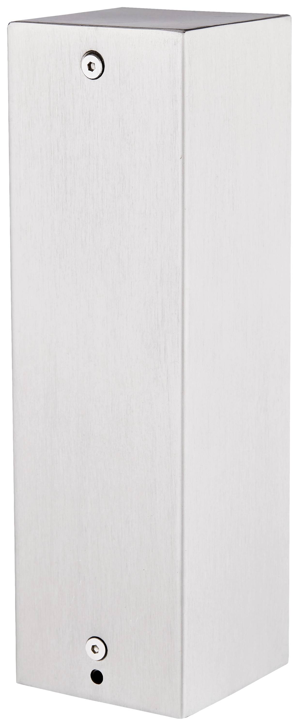 Metallene, vertikale Box mit abgerundeten Kanten und Schrauben an der Ober- und Unterseite.