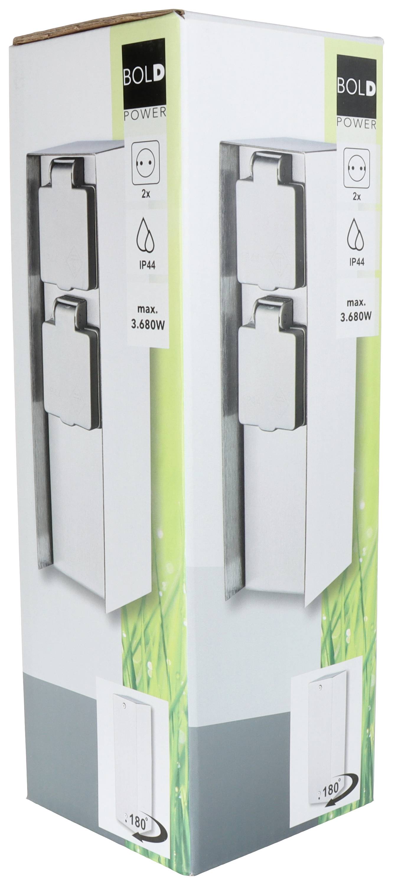 Verpackung einer Outdoor-Steckdosenleiste mit zwei Steckdosen, IP44 Schutz, max. 3.680W. Eignet sich für den Außenbereich.