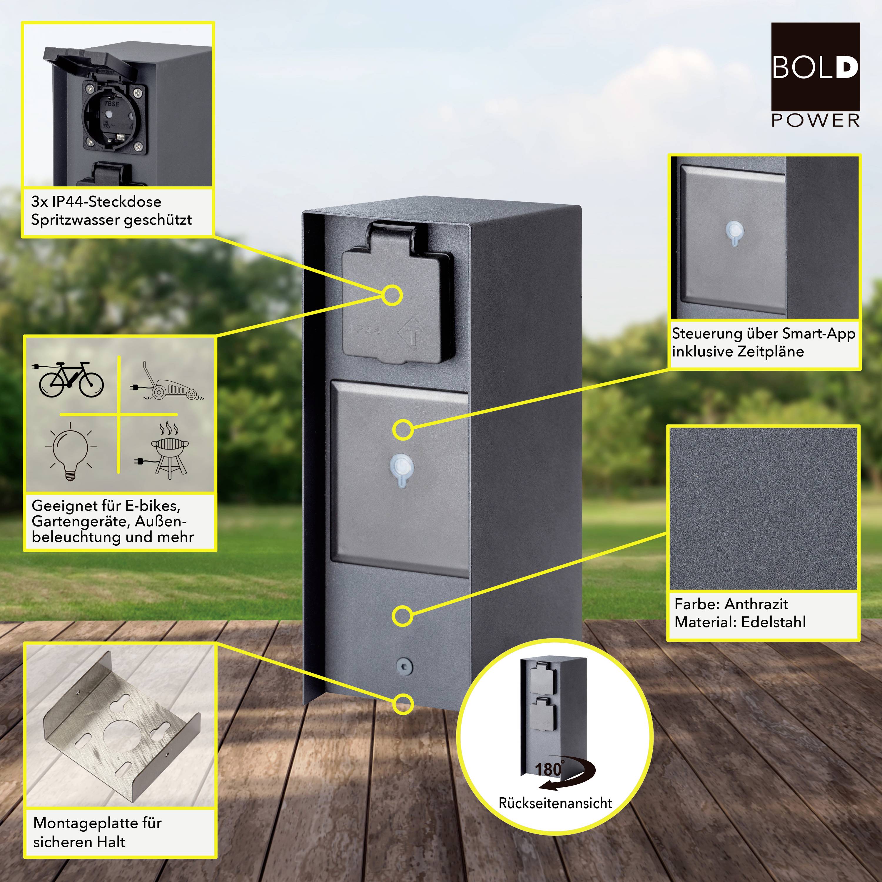 Elektrische Stele mit drei IP44-Steckdosen, Smart-App-Steuerung, geeignet für Außenbeleuchtung, Farbe Anthrazit, Material Edelstahl.