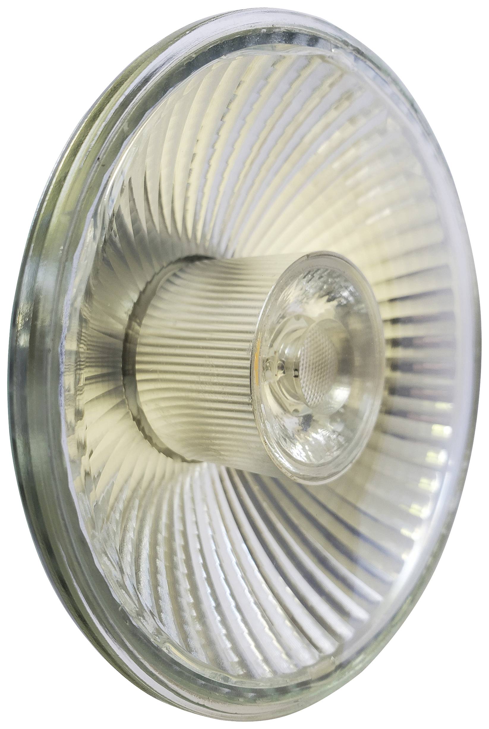 Eine runde LED-Leuchte mit geriffeltem Reflektor und klarem Gehäuse, die Licht gleichmäßig abstrahlt.
