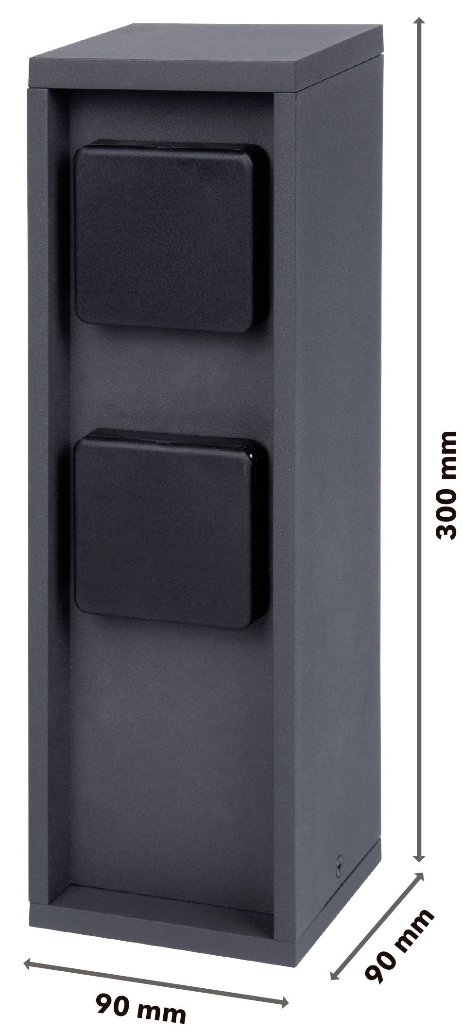 Schwarze, rechteckige Außensteckdose mit zwei quadratischen Abdeckungen, 300 mm hoch, 90 mm breit und tief.