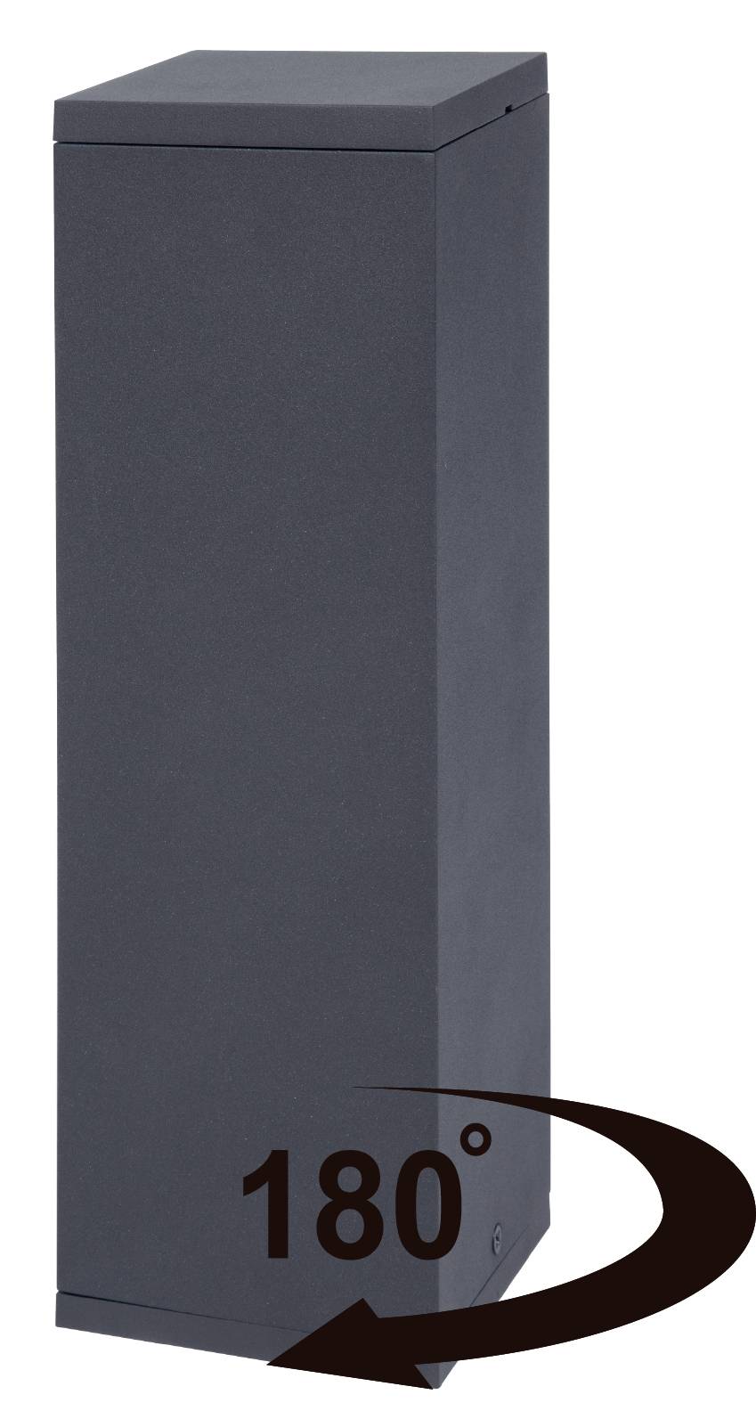 Ein schwarzer, rechteckiger Sockel mit einer Drehbewegung von 180 Grad dargestellt durch einen Pfeil um die Basis.