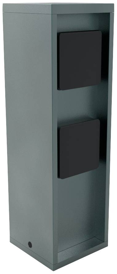 Dunkelgrünes, rechteckiges Gehäuse mit zwei schwarzen quadratischen Paneelen.