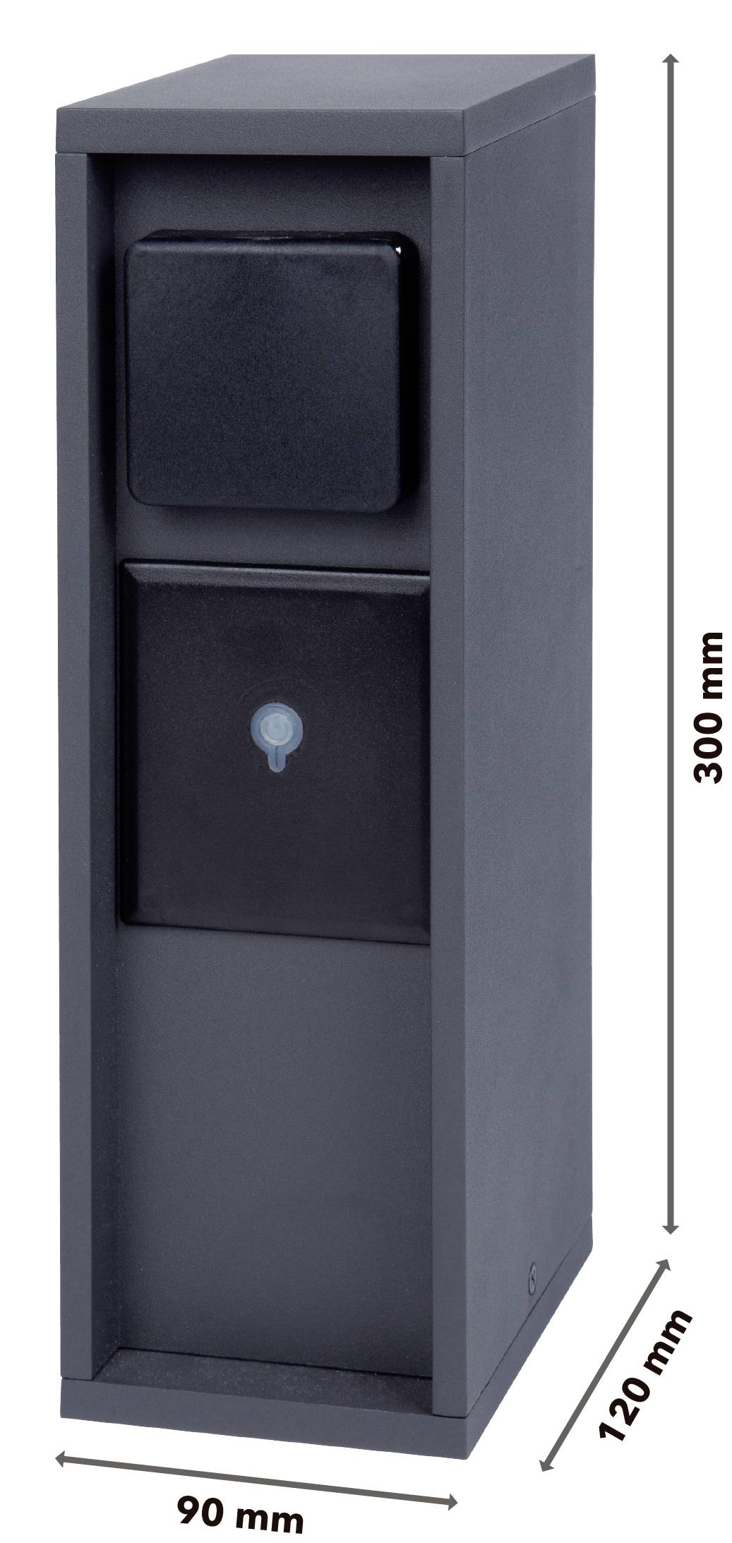 Eine schwarze, rechteckige Stele mit einer Höhe von 300 mm und Breite von 90 mm. Enthält drei übereinander angeordnete Paneele.