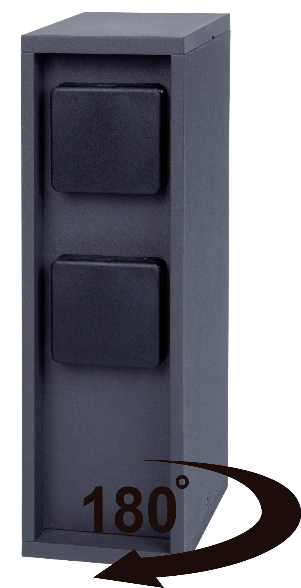 Schwarze, rechteckige Säule mit zwei quadratischen, erhabenen Elementen übereinander; rotierender Pfeil zeigt 180 Grad Drehung an.