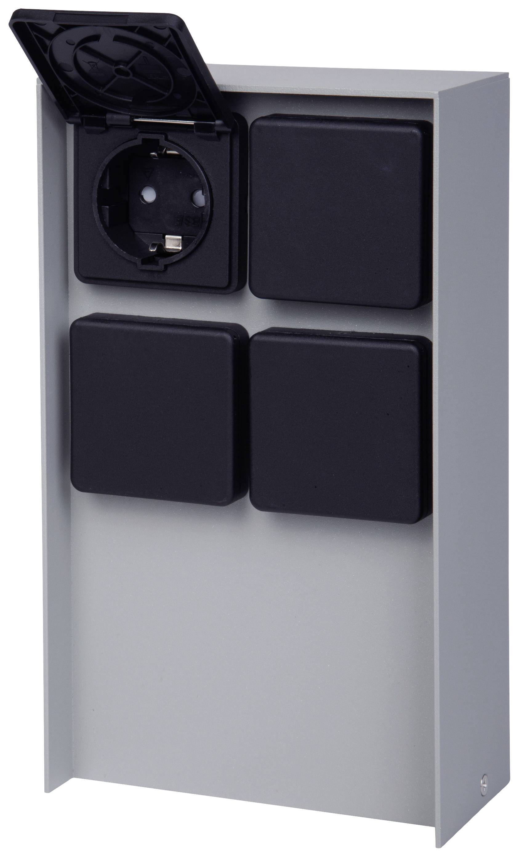 Graues Gehäuse mit vier schwarzen Abdeckungen, eine Abdeckung ist geöffnet und zeigt eine Steckdose.