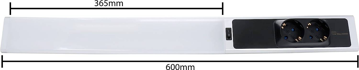 Isolierte Stromschiene mit zwei schwarzen Steckdosen auf der rechten Seite. Gesamtbreite 600 mm, Steckdosenabstand 365 mm.