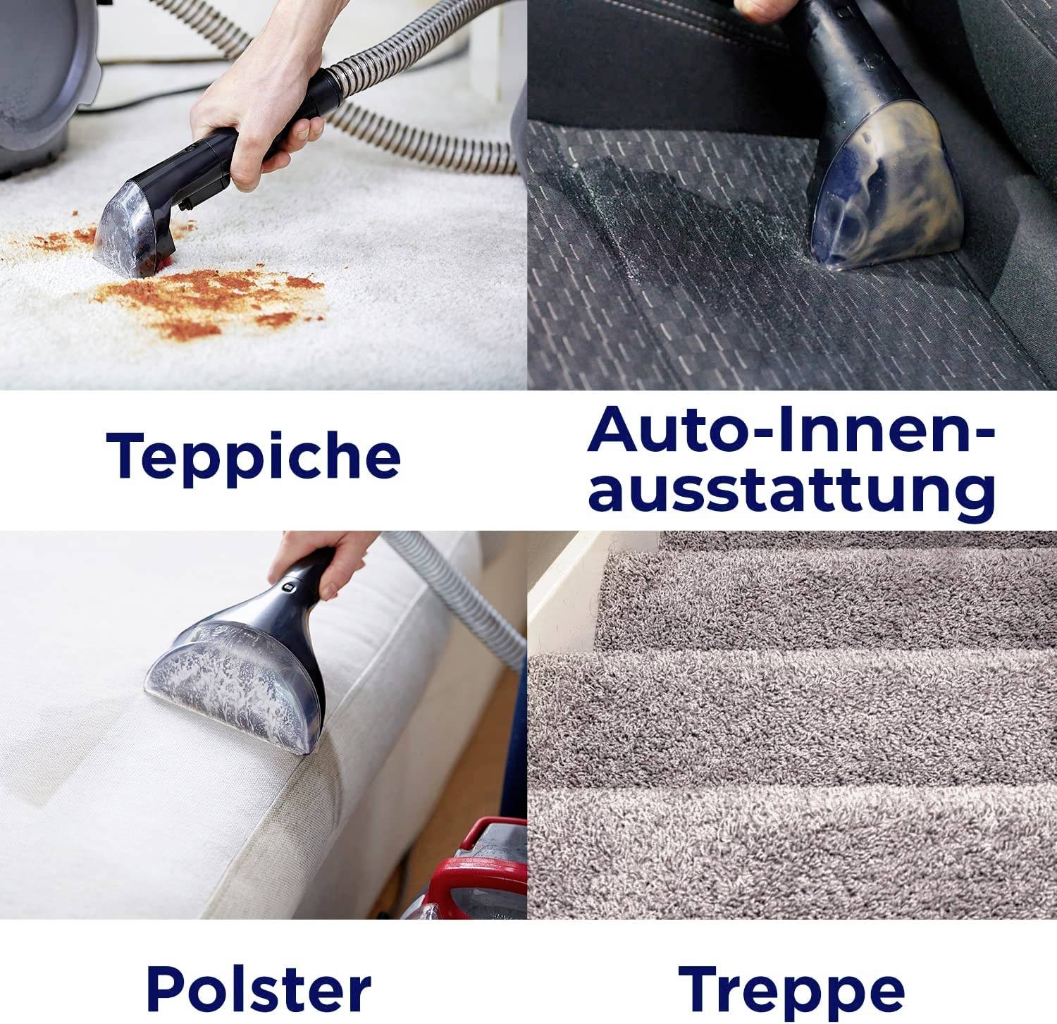 'Bild zeigt vier Szenen: Teppiche reinigen mit Staubsauger auf Flecken, Auto-Innenausstattung, Polster, und Treppe säubern.'