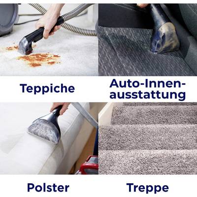 'Bild zeigt vier Szenen: Teppiche reinigen mit Staubsauger auf Flecken, Auto-Innenausstattung, Polster, und Treppe säubern.'