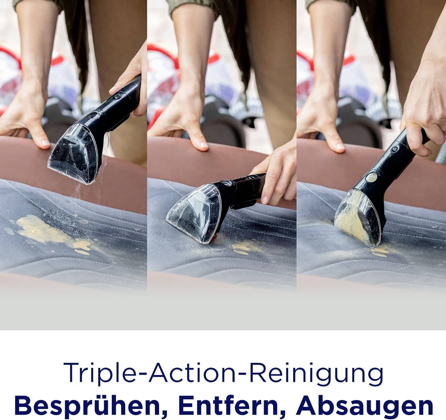 'Drei Fotos zeigen den Reinigungsprozess eines Sofas: Besprühen, Schmutz entfernen, Absaugen. Text: "Triple-Action-Reinigung".'