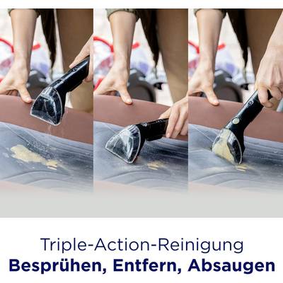 'Drei Fotos zeigen den Reinigungsprozess eines Sofas: Besprühen, Schmutz entfernen, Absaugen. Text: "Triple-Action-Reinigung".'
