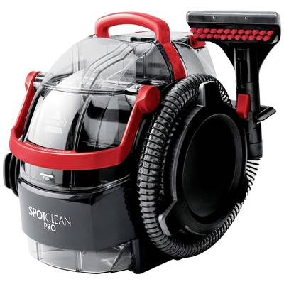 'Tragbarer Teppichreiniger mit transparentem Wassertank, schwarzem und rotem Gehäuse und flexiblem Saugschlauch, Modell 'SpotClean Pro'.'