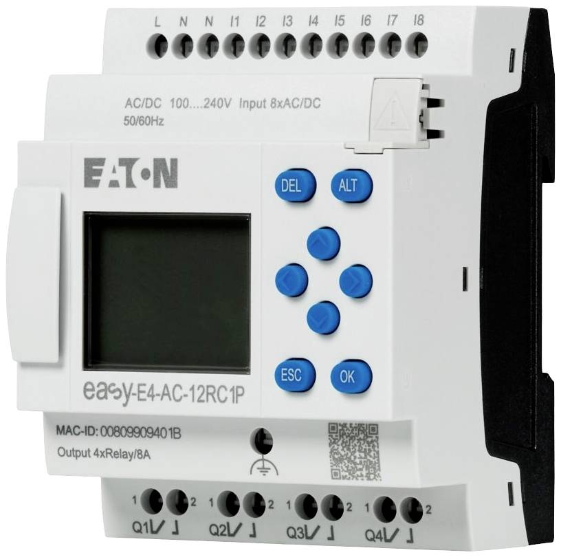 Ein programmierbares Steuerrelais mit einem Display und blauen Tasten. Hersteller- und Modellinformationen sind sichtbar.