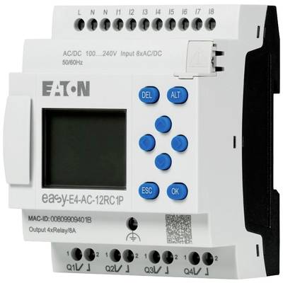 Ein programmierbares Steuerrelais mit einem Display und blauen Tasten. Hersteller- und Modellinformationen sind sichtbar.