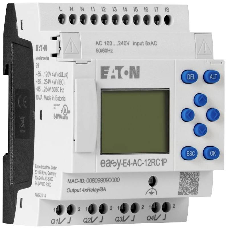Programmierbares Steuerrelais, Modell "Eaton easyE4-AC-12RC1P", mit Tasten und Display, zur Automatisierung elektrischer Schaltungen.