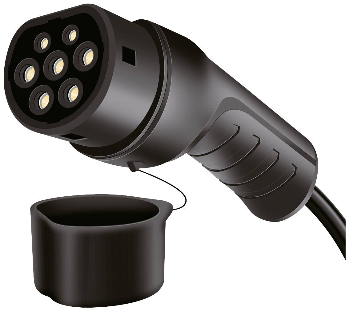 'Schwarzer Stecker für Elektrofahrzeuge mit sechs kreisförmigen Metallkontakten und Schutzkappe.'