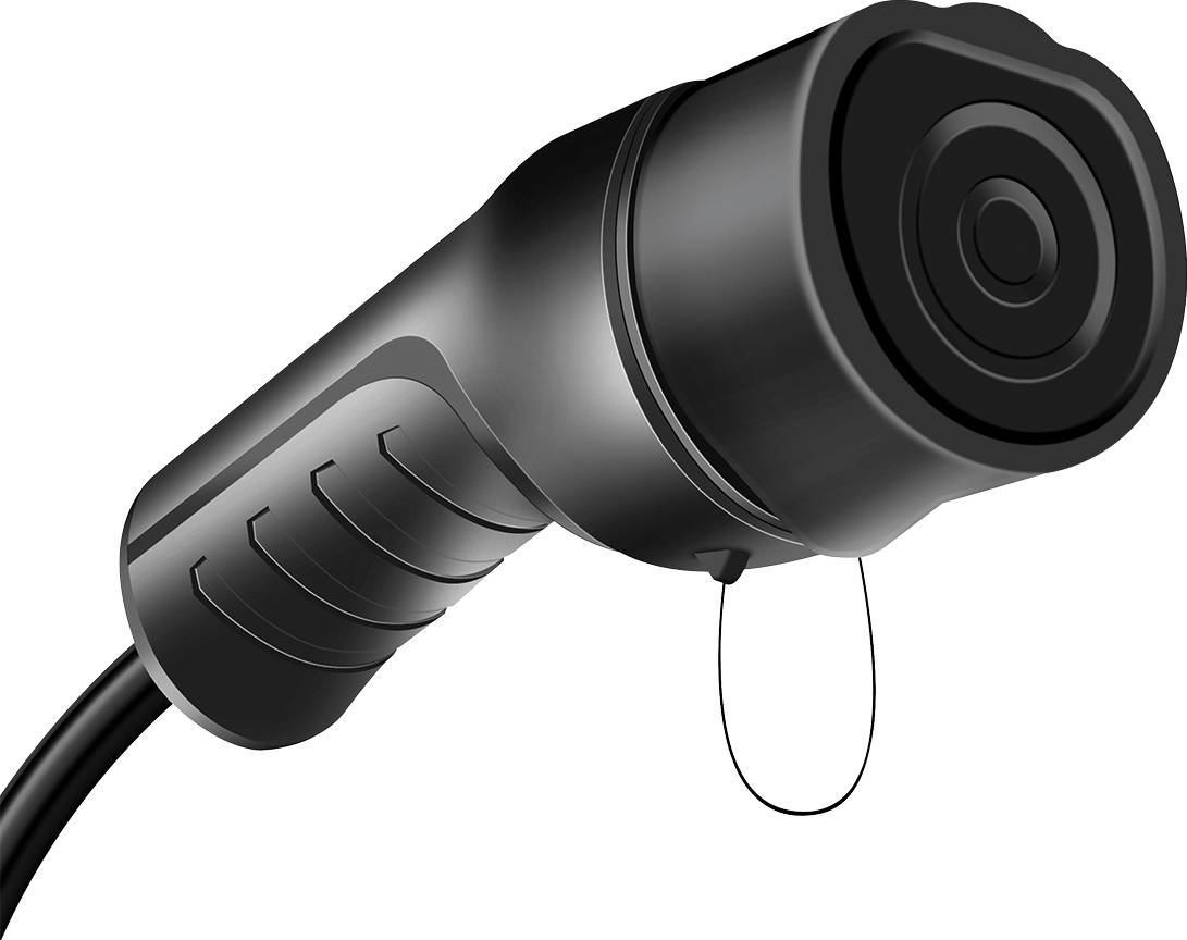 Schwarzes, zylindrisches Sportkamera-Objektiv mit Kabel und rutschfestem Griffdesign. Ideal für Outdoor- und Action-Aufnahmen.