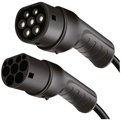 Zwei schwarze Elektrofahrzeug-Ladestecker, einer mit sieben, der andere mit acht Kontakten, dargestellt nebeneinander.