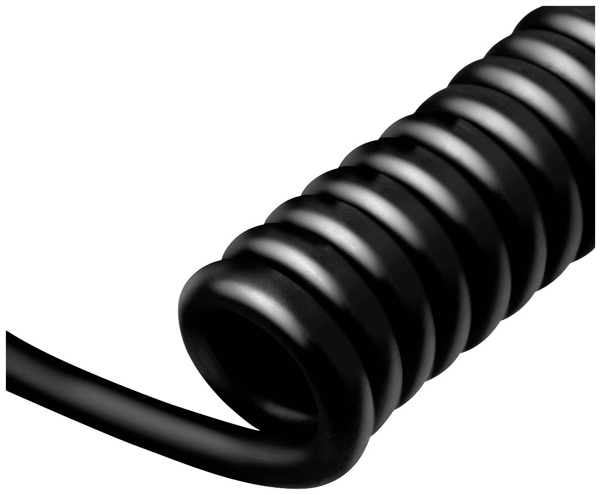 Ein schwarzes Spiralkabel, eng aufgewickelt, liegt auf weißem Hintergrund.