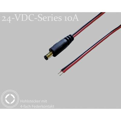 '24-VDC-Series 10A' auf grauem Hintergrund. Abgebildet ist ein Hohlstecker mit zwei roten und schwarzen Kabeln mit 4-fach Federkontakt.