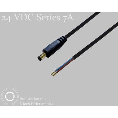 Ein DC-Hohlstecker-Kabel mit abisolierten Enden. Oben links steht '24-VDC-Series 7A'. Unten links wird 'Hohlstecker mit 6-fach Federkontakt' erwähnt.