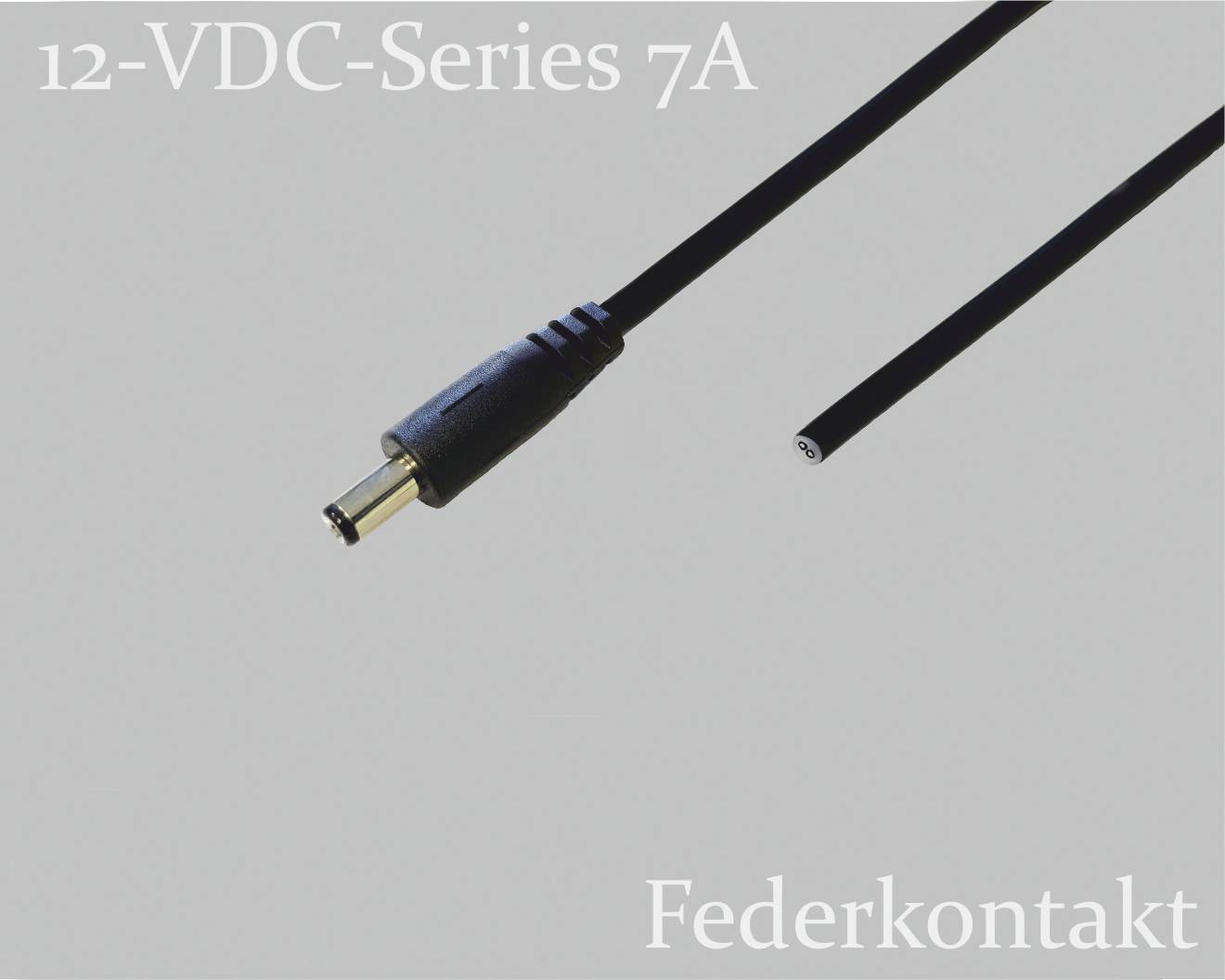 'Ein schwarzes Kabel mit Federkontakt, gekennzeichnet als 12-VDC-Series 7A, vor grauem Hintergrund.'