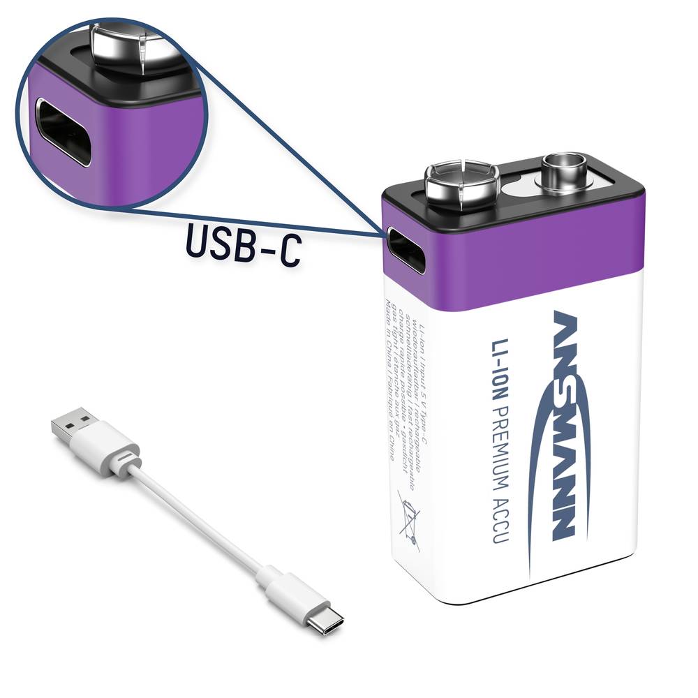 Ansmann Oplaadbare 9V batterij (blok) E-Block USB-C Li-ion 9 V 400 mAh 1 stuk(s)