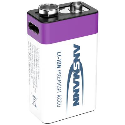 Lila-weißer 9V-Lithium-Ionen-Akku mit USB-C-Anschluss, Markenname und Bezeichnung 'LI-ION PREMIUM ACCU' auf der Vorderseite.