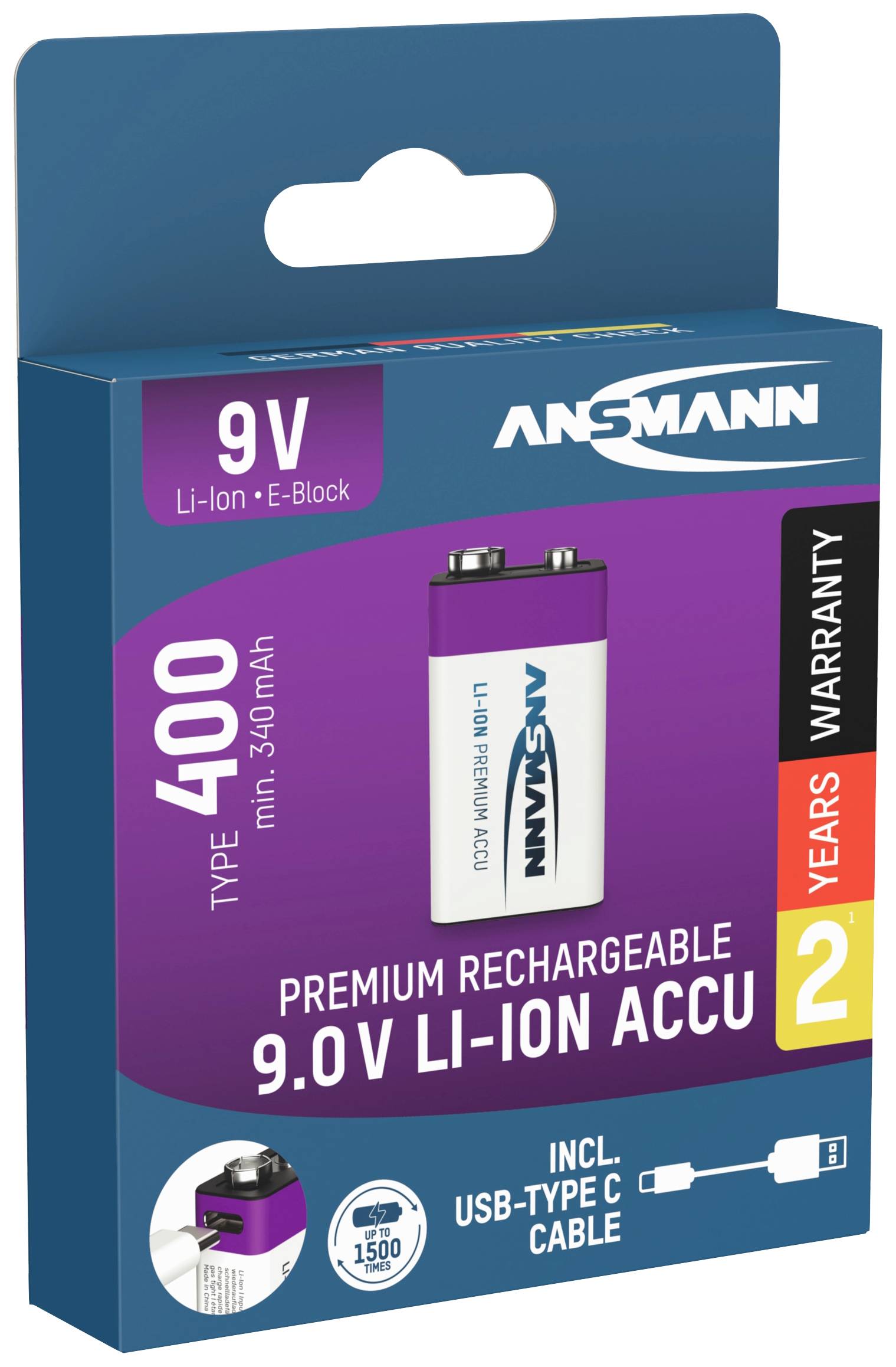 Verpackung einer ANSMANN 9V Li-Ion E-Block Batterie mit 400 mAh Kapazität. Enthält USB-Typ-C Kabel. Zwei Jahre Garantie.