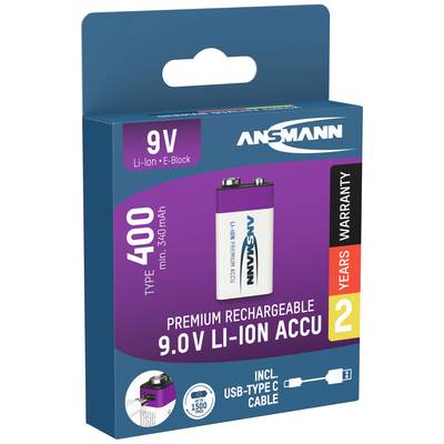 Verpackung einer ANSMANN 9V Li-Ion E-Block Batterie mit 400 mAh Kapazität. Enthält USB-Typ-C Kabel. Zwei Jahre Garantie.