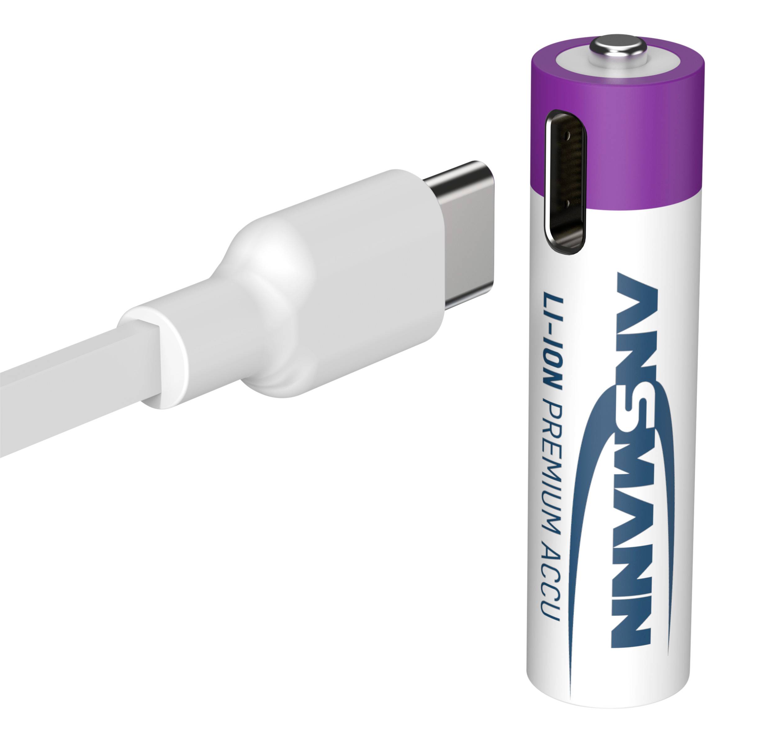 Eine Li-Ion-Akku-Batterie mit USB-C-Ladeanschluss daneben, gekennzeichnet mit 'ANSMANN'.