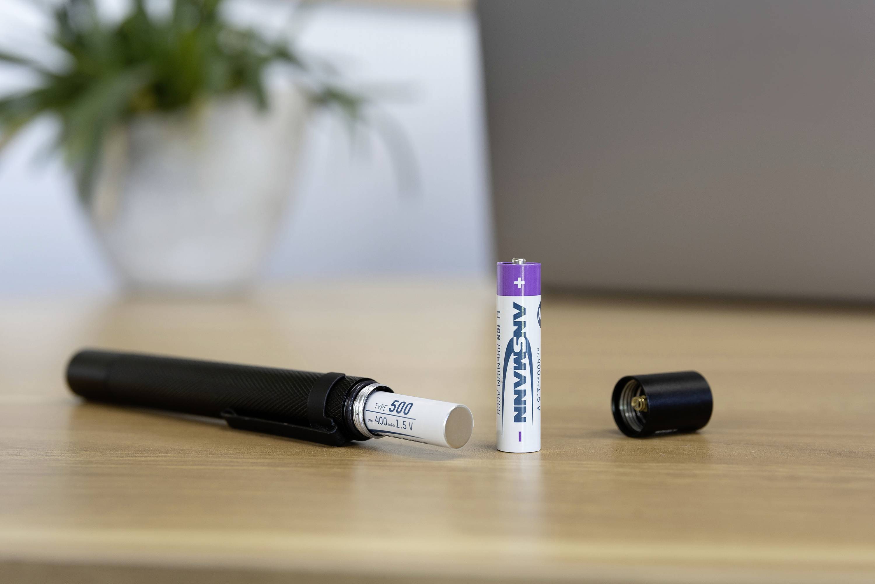 Ein aufladbarer Akku liegt auf einem Tisch neben einem batteriebetriebenen Gerät, einer offenen Batteriehülle und einer Pflanze im Hintergrund.