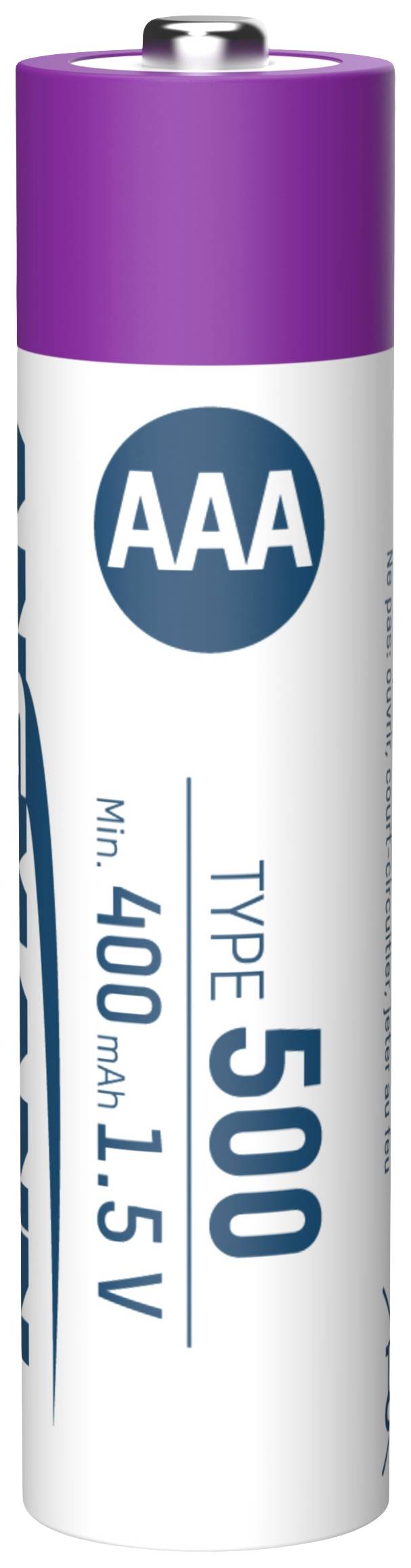 Weiße AAA-Batterie mit lila Kappe, beschriftet: 'TYPE: 500, Min. 400 mAh, 1.5V'.