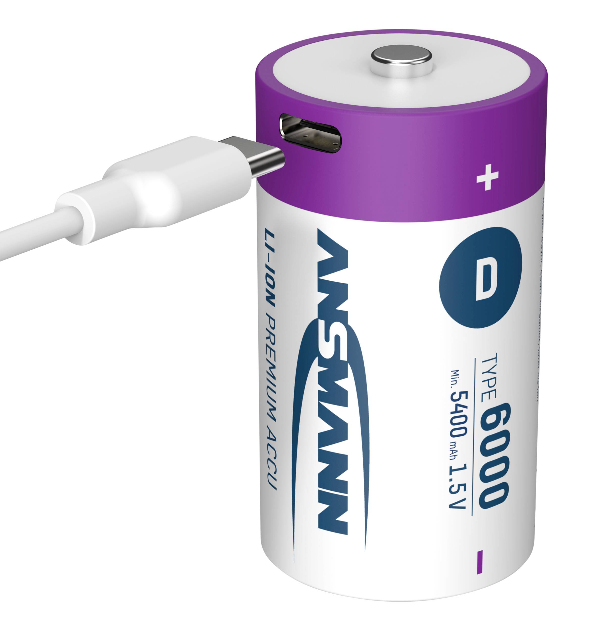 Wiederaufladbare D-Batterie mit USB-Ladeanschluss, Li-Ion-Technologie, Marke Ansmann, weiße und lila Hülle.