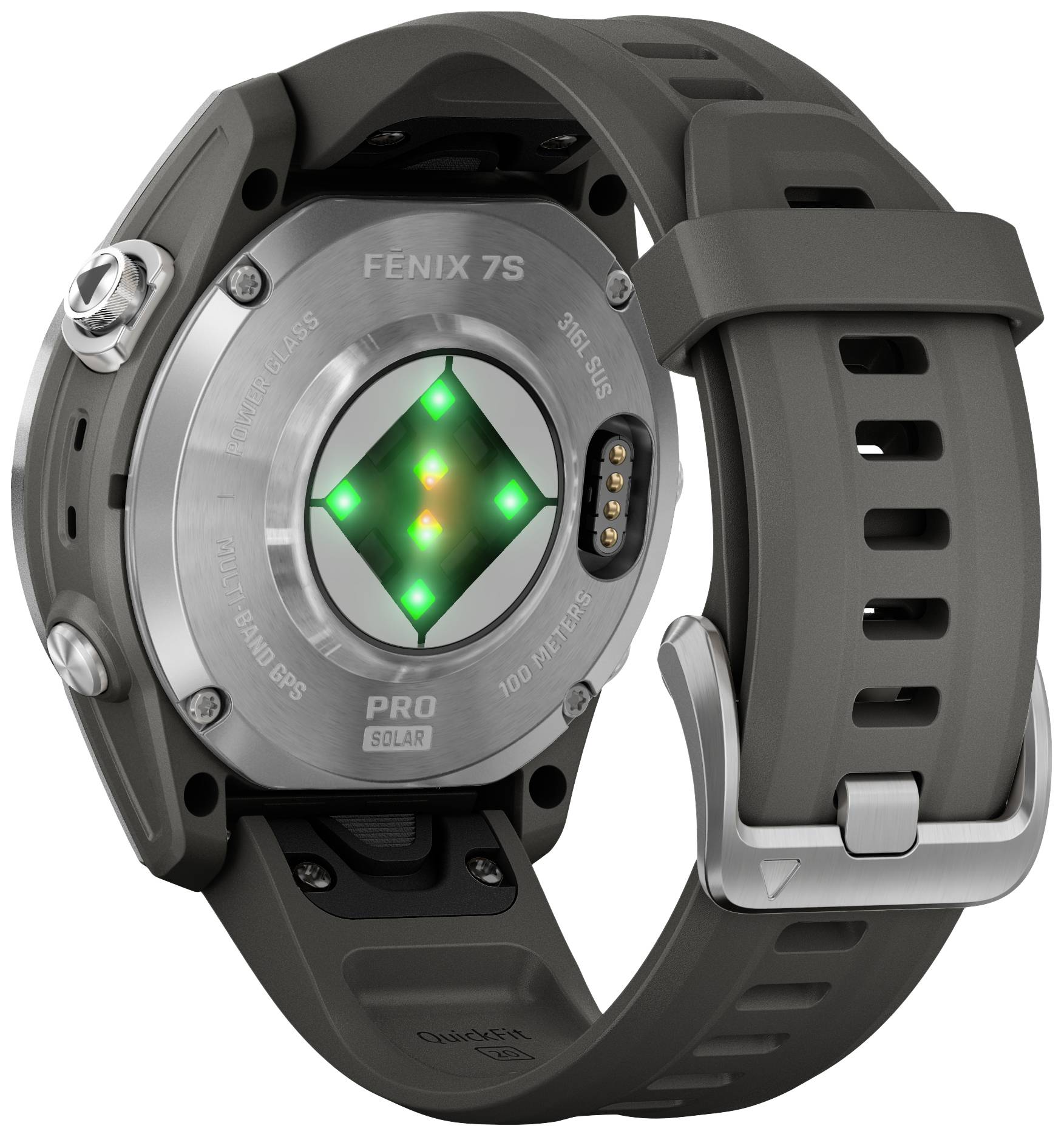Eine Smartwatch mit robustem Gehäuse und sensorischer Rückseite zeigt grüne LED-Lichter. Geeignet für Outdoor-Aktivitäten und Fitness.