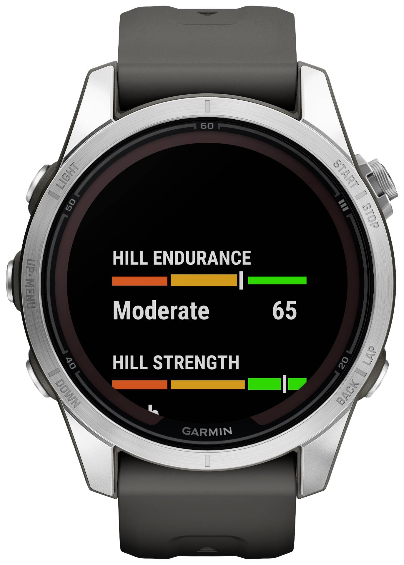 Smartwatch-Bildschirm zeigt: 'Hill Endurance - Moderate' mit Wert 65 und Balkendiagrammen für Ausdauer und Stärke.